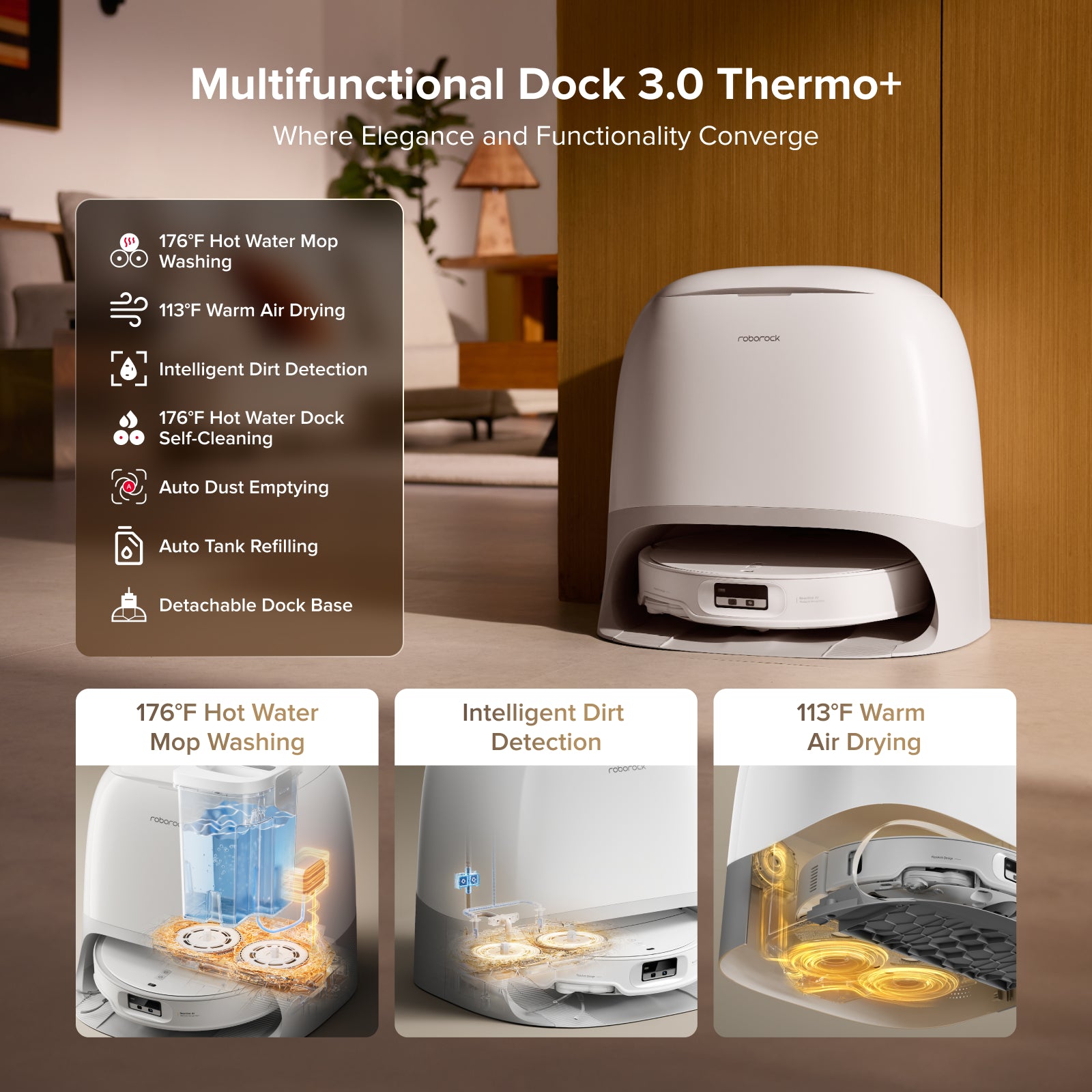 Roborock graphic showing the Qrevo CurvX Thermo Plus dock features