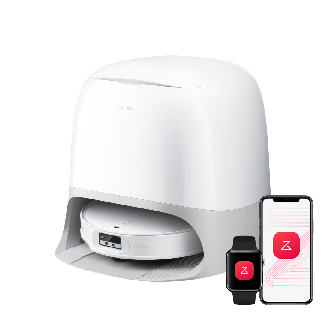 White Roborock Qrevo CurvX robot vacuum with multifunctional dock and companion app